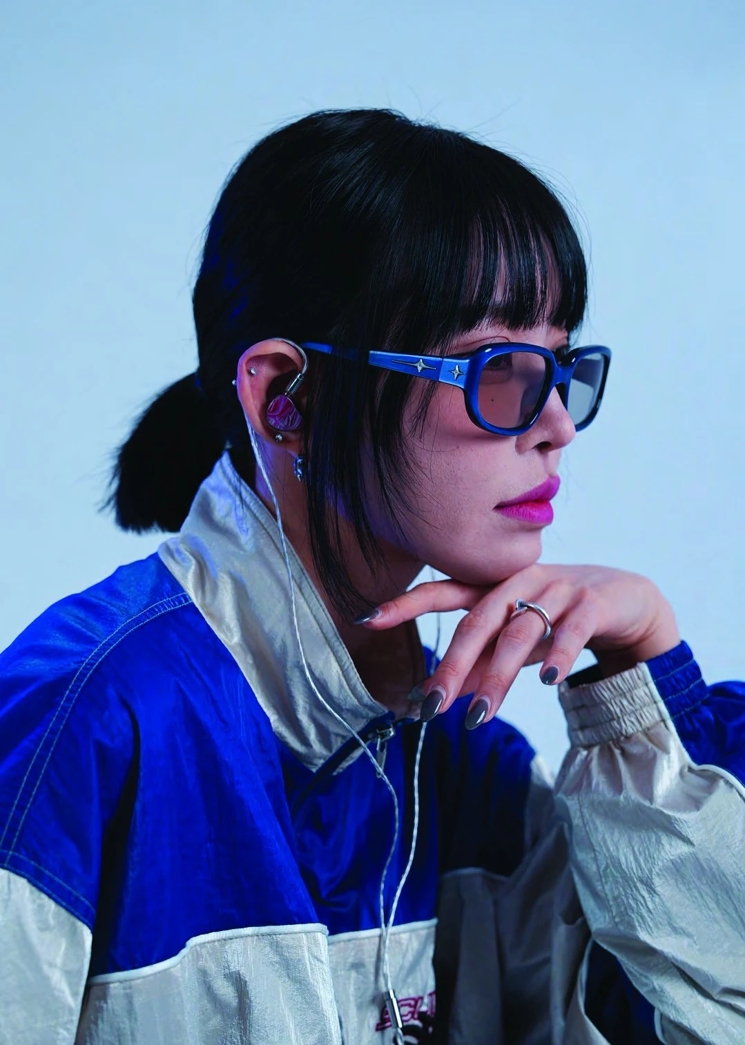 YOONI wearing blue sunglasses and a blue jacket